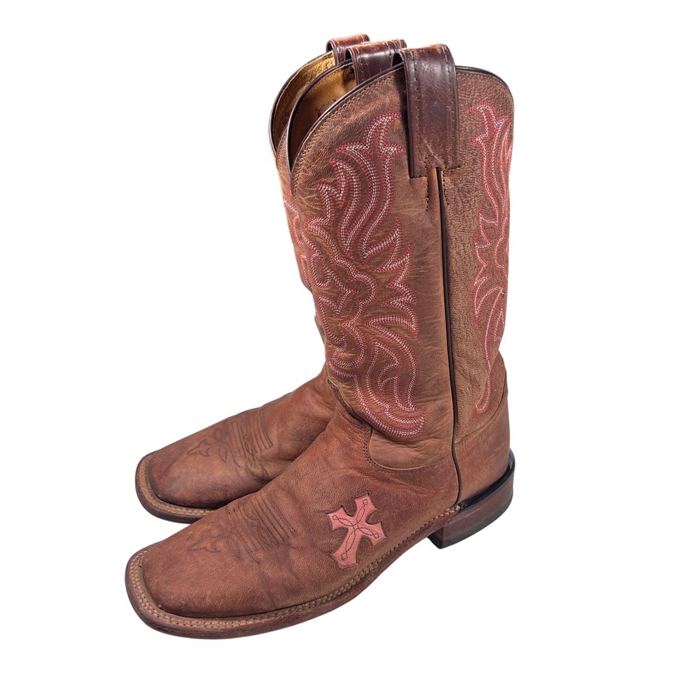 Tony Lama Boots Women 8.5 TL1005L Pink Cross Inlay Western Cowboy Square Toe